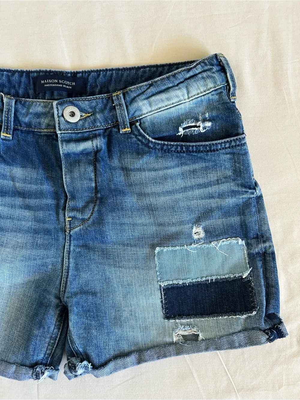 Vintage Scotch & Soda Women's Blue Distressed Patch Denim Shorts Size 25